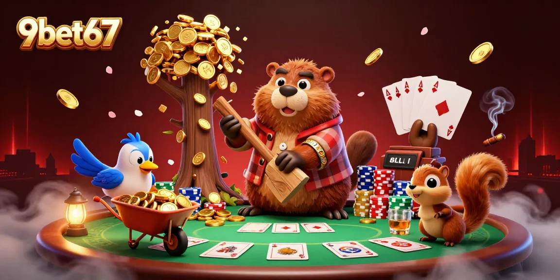 Experience thrilling gameplay at 9bet67 with cartoon characters amid poker elements and golden coins.