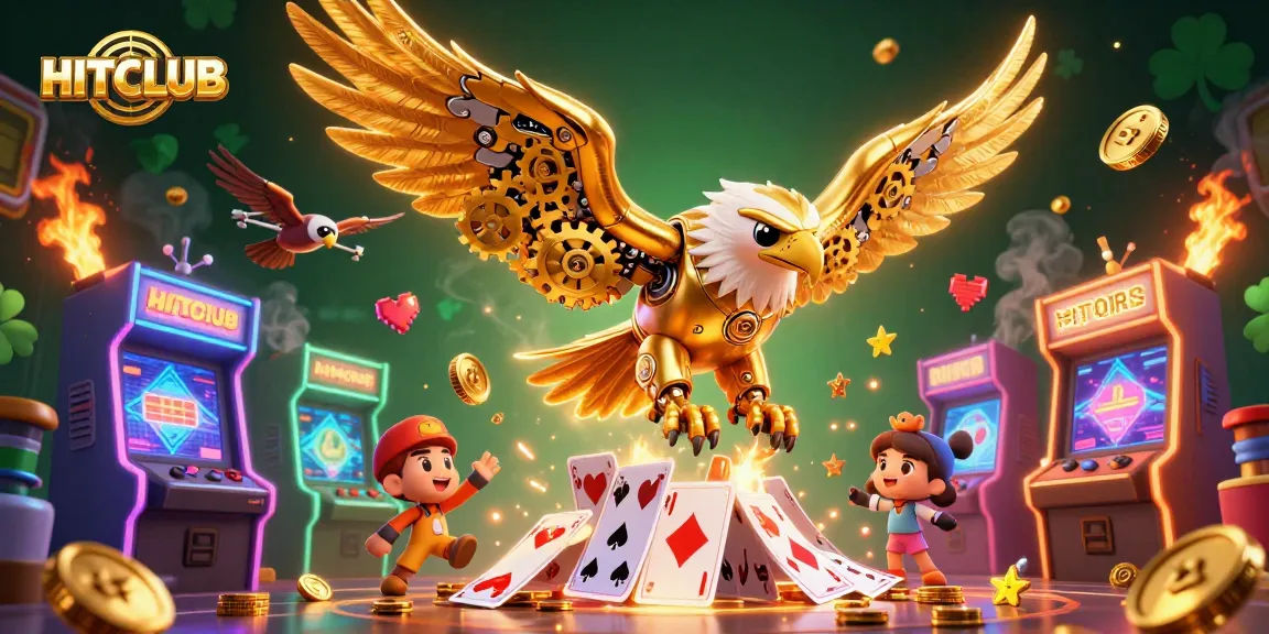 HITCLUB showcases a dynamic 3D scene featuring a soaring golden eagle among flying holographic cards.