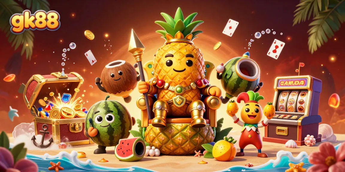 Celebrate wins at gk88 with a vibrant casino scene featuring a golden pineapple king and exciting games.
