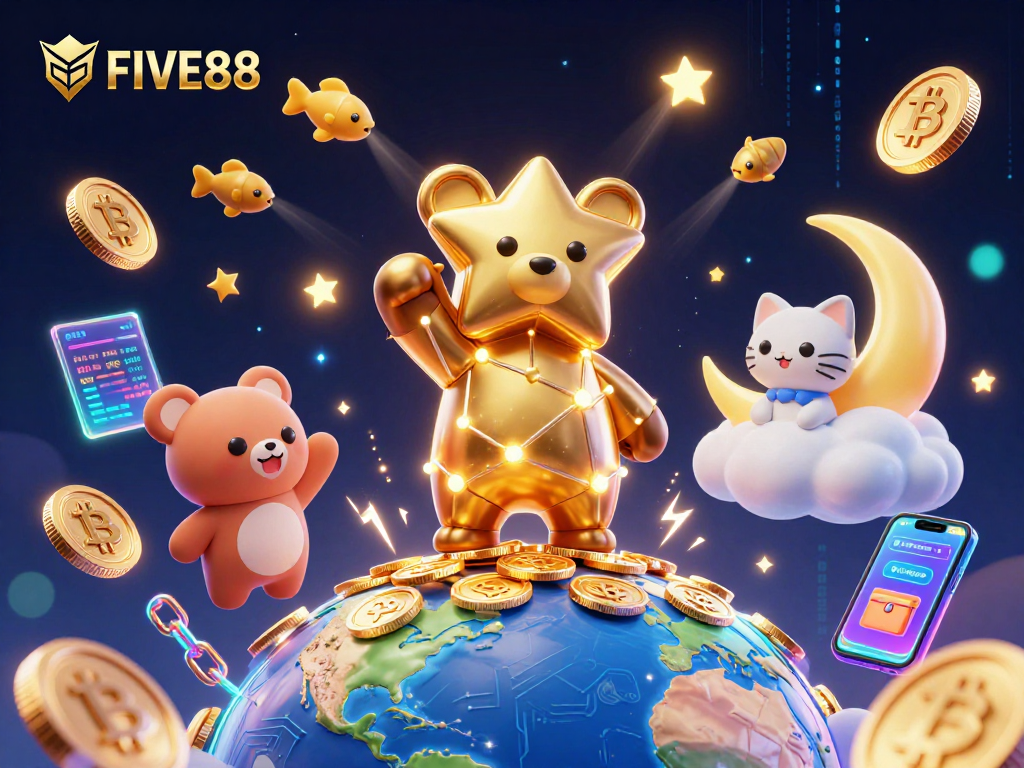 Engage with FIVE88's vibrant casino universe, featuring a constellation bear collecting coins surrounded by crypto elements.