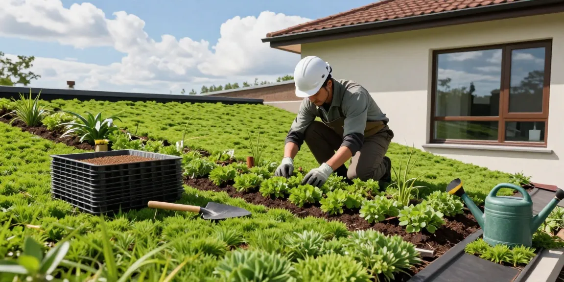 Groendak aanleggen met een professionele hovenier die levendige sedumplanten op een groen dak installeert, met de nadruk op milieuvriendelijk tuinieren.
