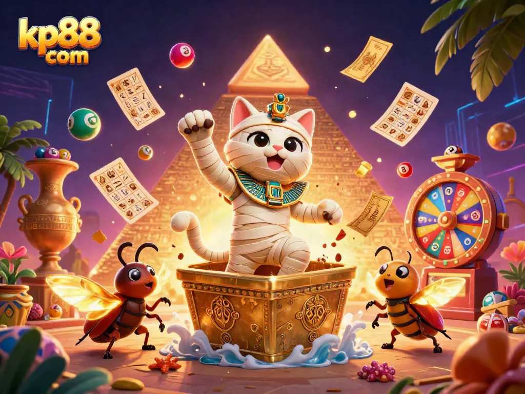 Engage with kp88 com's vibrant casino scene featuring a mummy cat, scarab beetle, and lottery balls.