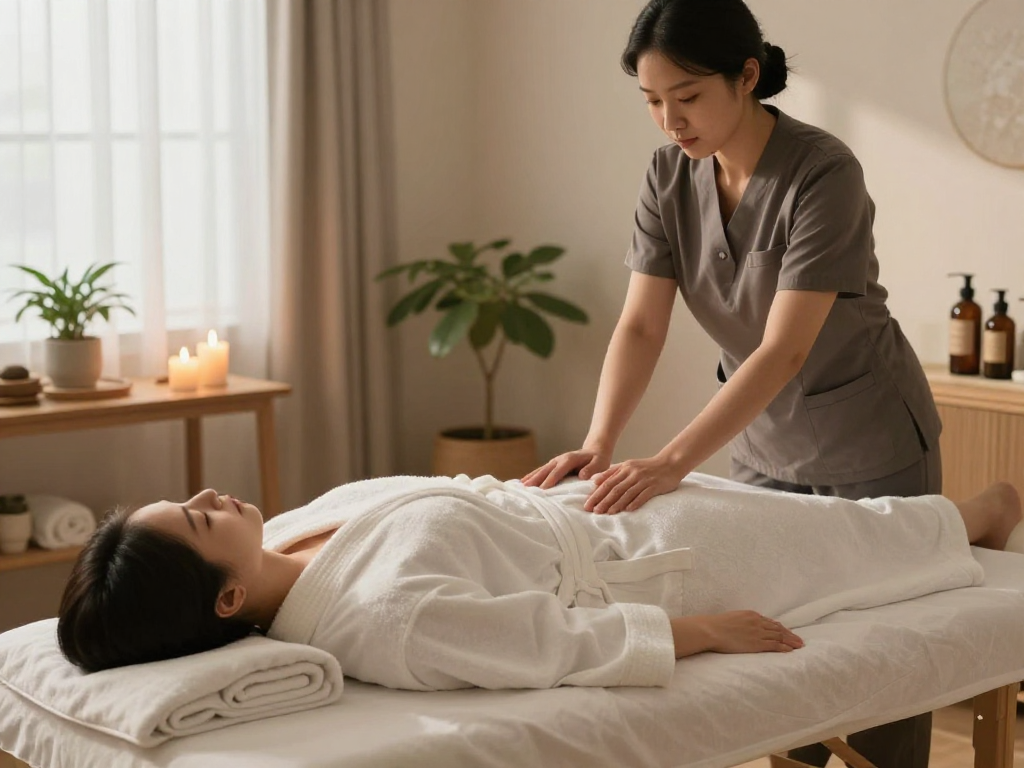 Experience serene 성동구출장안마 in a cozy home spa setting with a professional massage therapist preparing for relaxation.