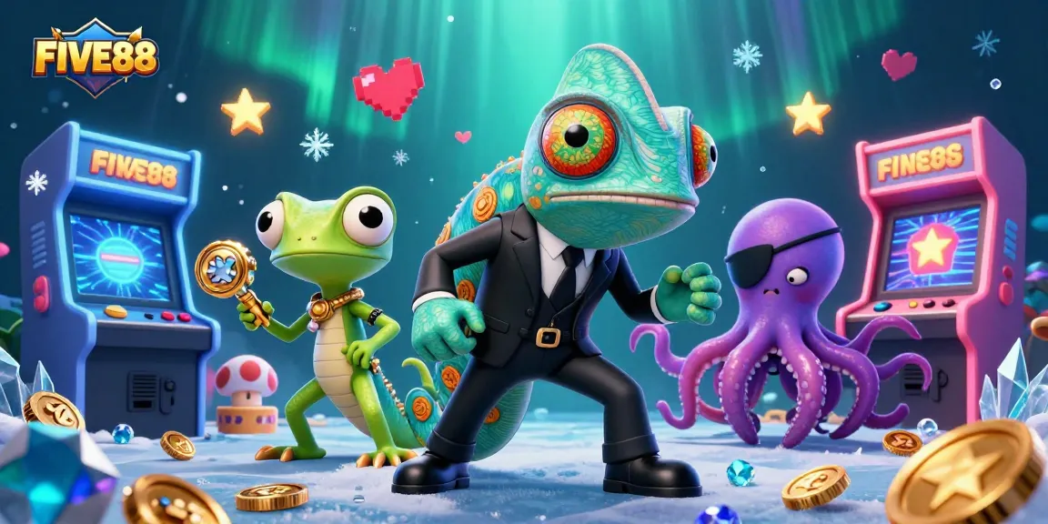 Engage with FIVE88's vibrant casino world featuring colorful characters and game elements.