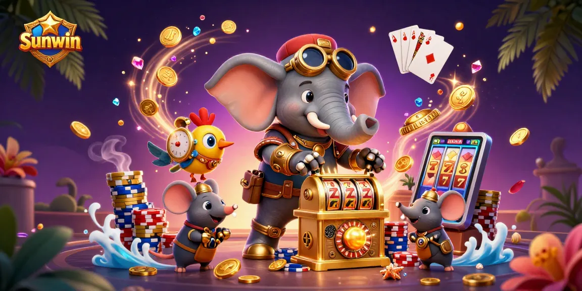 Win big with Sunwin: a stunning steampunk slot machine scene featuring magical characters and casino elements.