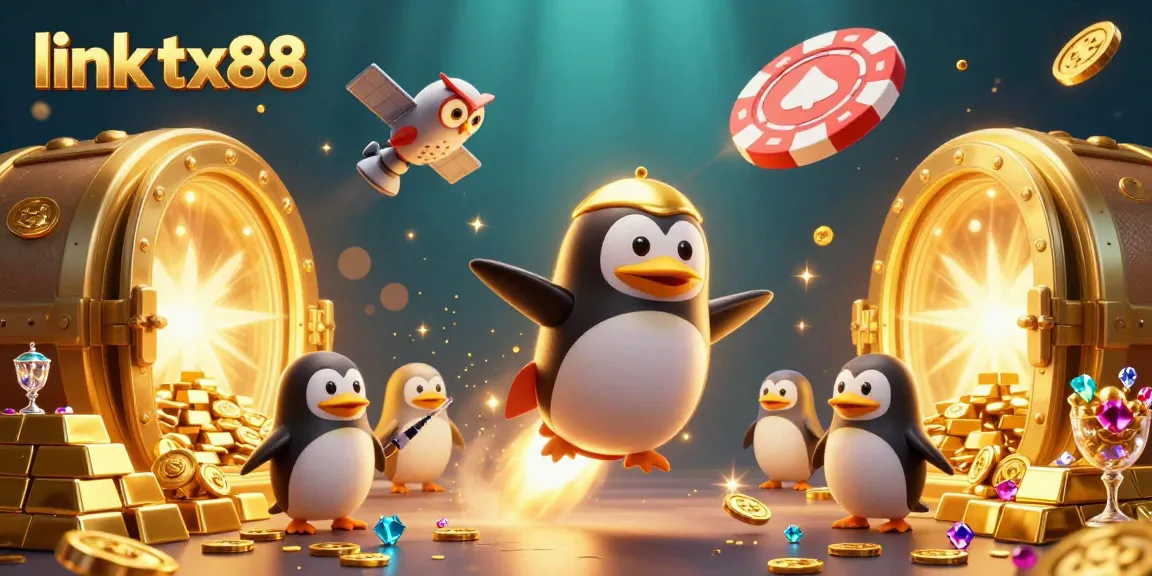 link tx88 showcases a golden penguin racing toward a vibrant casino space station filled with treasures and gems