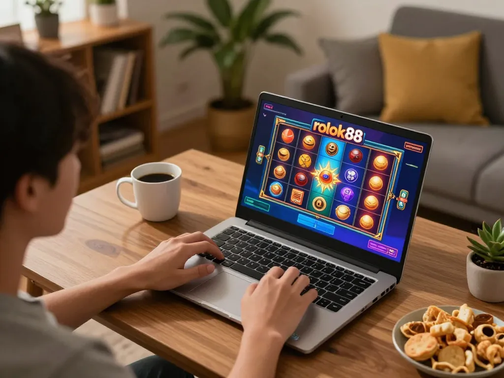 Permainan yang menarik dari rokok88 slot di laptop dalam suasana rumah yang nyaman, menunjukkan perjudian online santai.