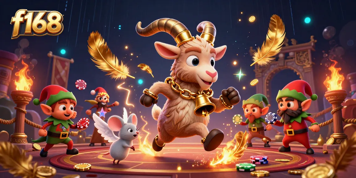 f168 holiday-horror casino scene with Krampus goat and mischievous gremlins stealing chips