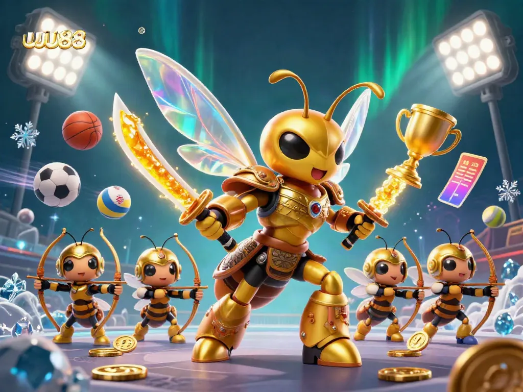 uu88 brings excitement with a vibrant 3D scene featuring dynamic characters, golden elements, and sports betting excitement.