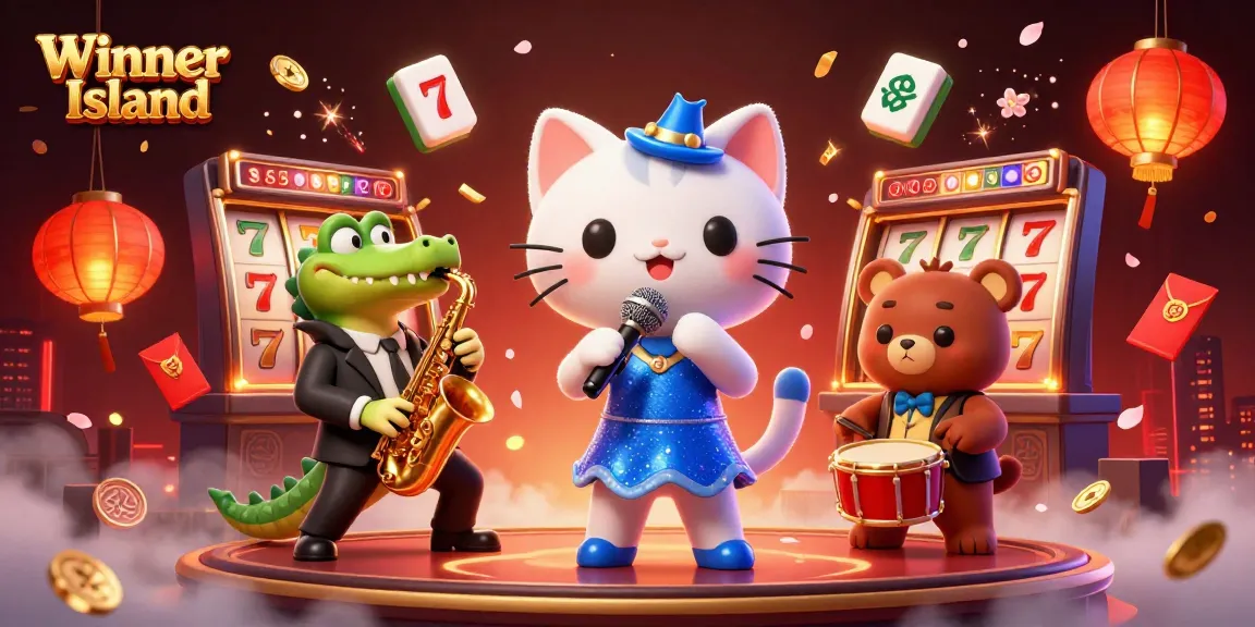Winner Island's vibrant casino scene with a cartoon cat singing, sax-playing crocodile, and cheerful bear cub.