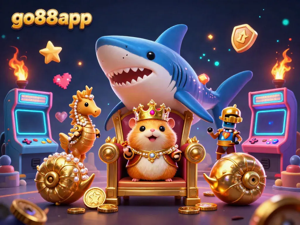 Engage with go88app's thrilling gaming universe featuring a golden hamster king and captivating reel icons.
