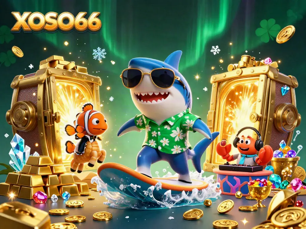 XOSO66 gaming scene with vibrant characters and sparkling treasures in a dynamic illustration