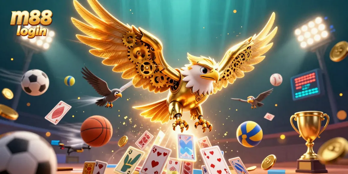 Engage with the vibrant m88 login experience amidst dynamic sports elements and golden treasures.