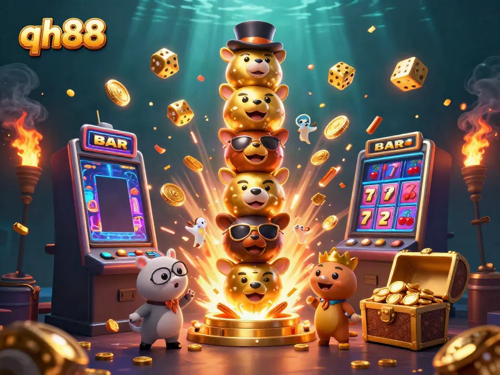Engage with qh88's dynamic gaming scene featuring a golden totem pole, vibrant slot machine, and treasure chest.