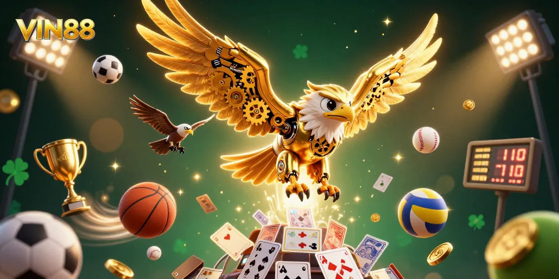 Experience the excitement of VIN88 with a golden eagle in a casino-themed action scene.