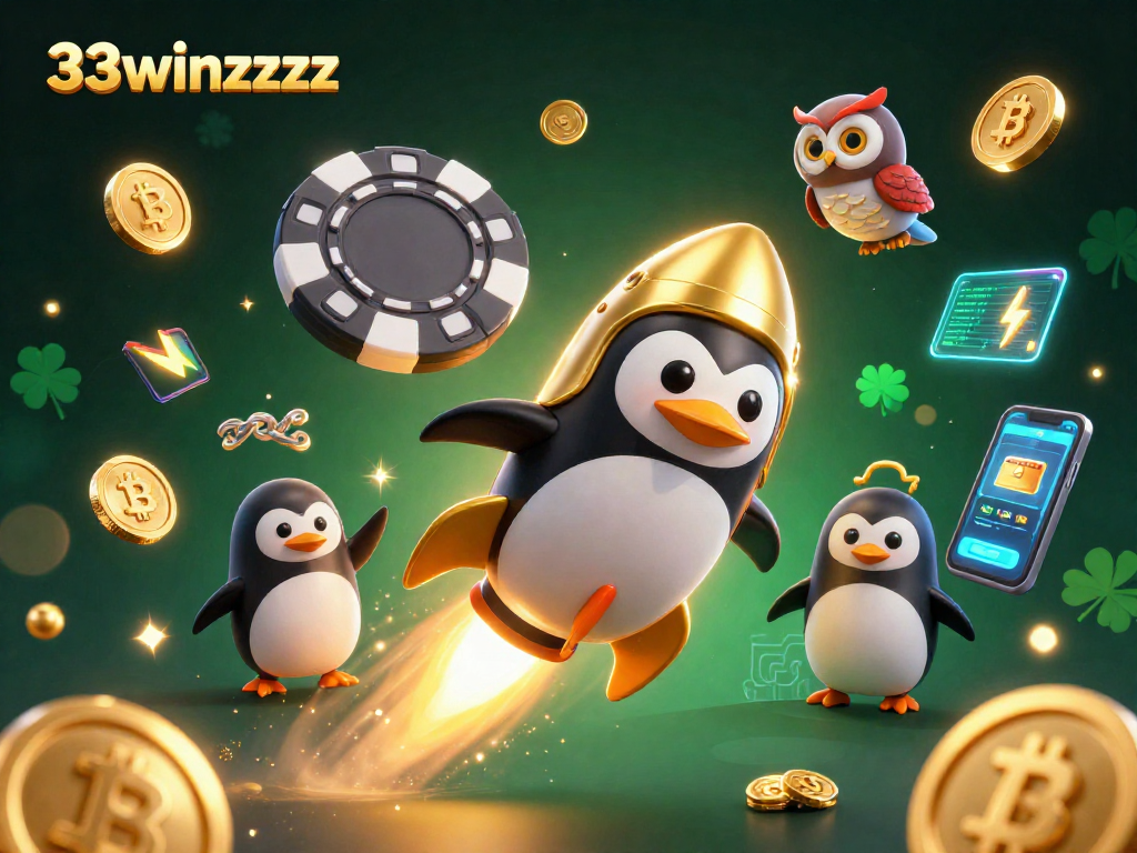 Engage with 33winzzzz's vibrant crypto casino adventure featuring a golden penguin and magical elements.