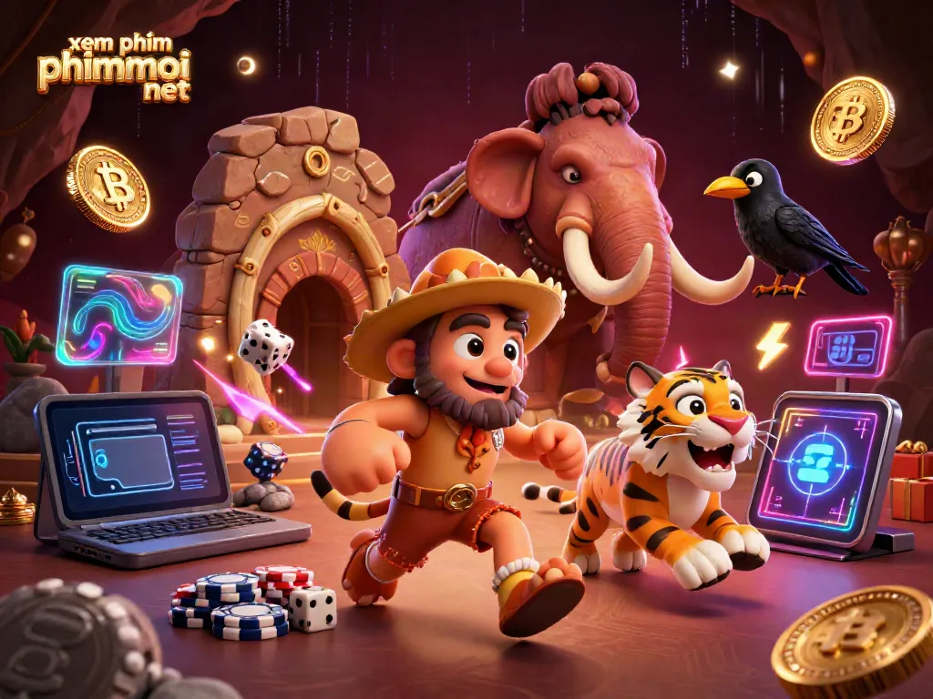 Xem phim phimmoi net showcases a vibrant prehistoric casino scene with a caveman and sabertooth duo managing games.