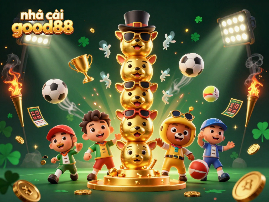 Experience thrilling betting action at Nhà cái good88 with dynamic sports elements and lucky totem illustration.