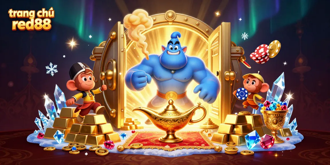 Experience the vibrant energy of trang chủ red88 with a casino-themed magical scene illustrating a powerful genie.