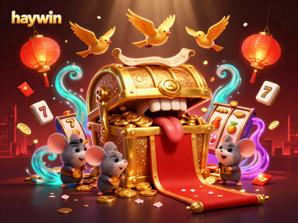Engage with haywin as the treasure chest lures adventurer mice in a vibrant casino scene filled with slot elements.