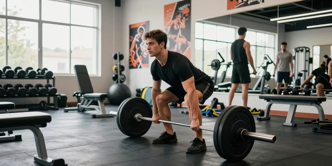 Prime Pharma Steroiden Winkel met fitnessomgeving, man met halters in energieke sportsfeer.