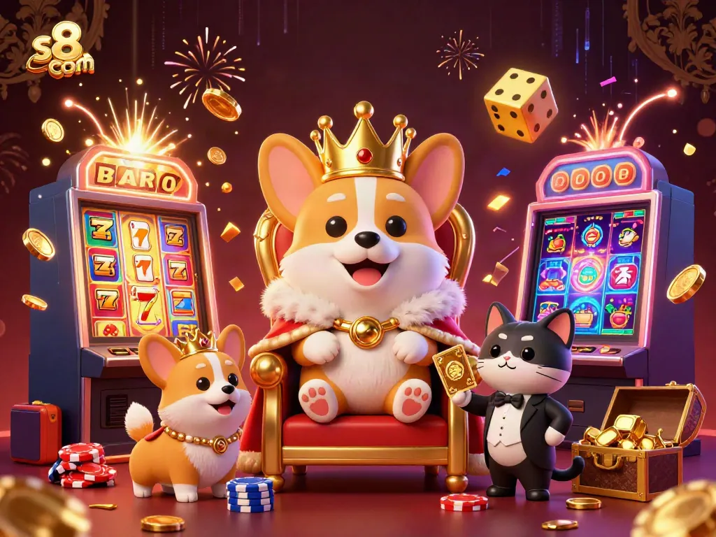 Experience excitement with s8 com in this vibrant casino scene, featuring a royal corgi on a throne and dynamic jackpot elements.