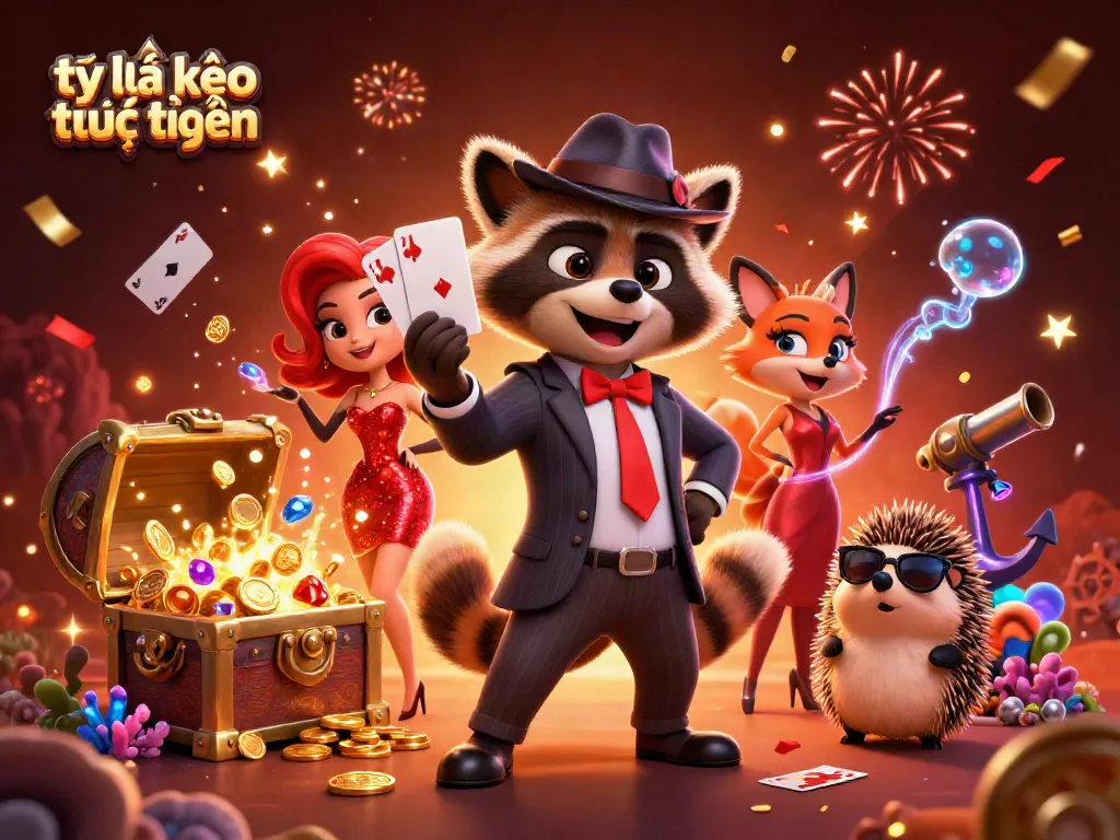 Engage with tỷ lệ kèo trực tuyến through a vibrant casino-themed 3D illustration featuring dynamic characters.