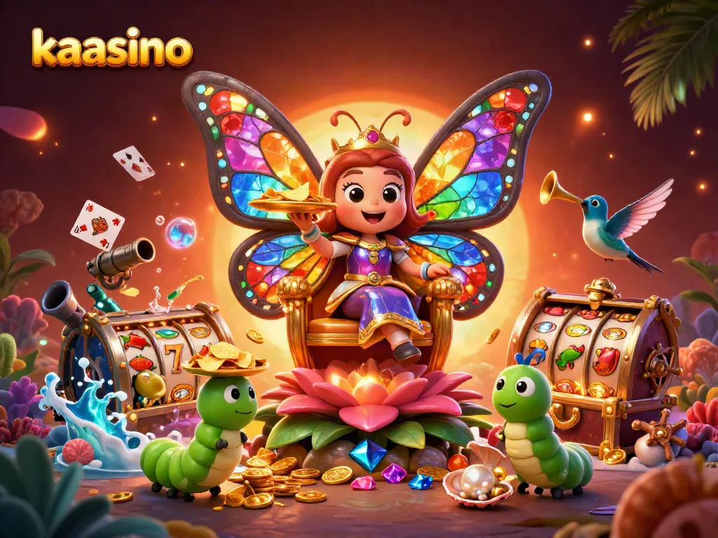 Kaasino offers a vibrant gaming experience with a butterfly queen and treasure elements in a 3D casino scene.