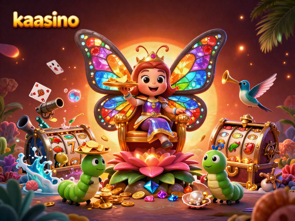 Kaasino offers a vibrant gaming experience with a butterfly queen and treasure elements in a 3D casino scene.