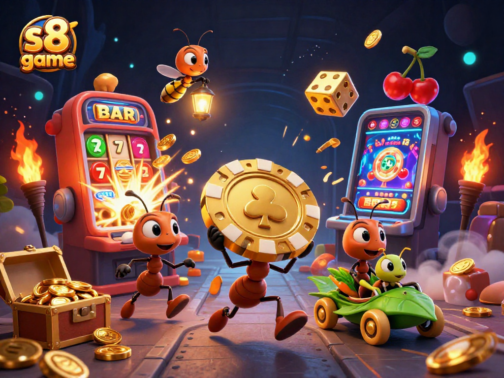 Experience thrilling s8 game action with ants, golden chips, and jackpot explosions in this vibrant illustration.