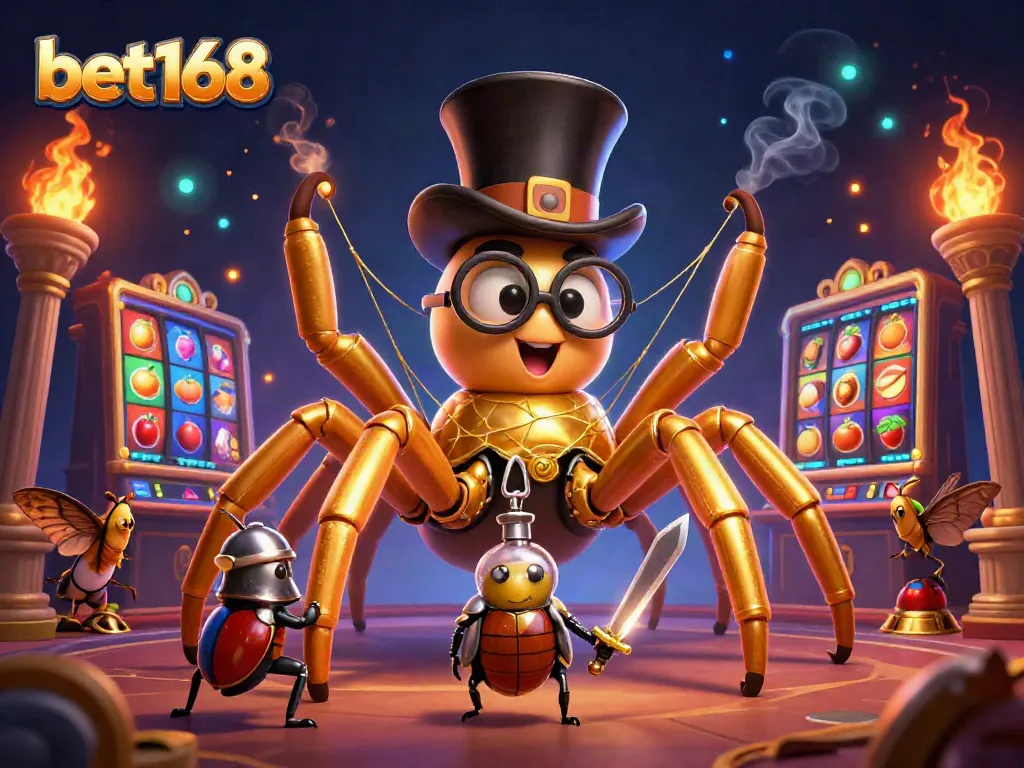 Experience the excitement of bet168 slots with a golden tarantula and beetle knight in a vibrant casino scene.