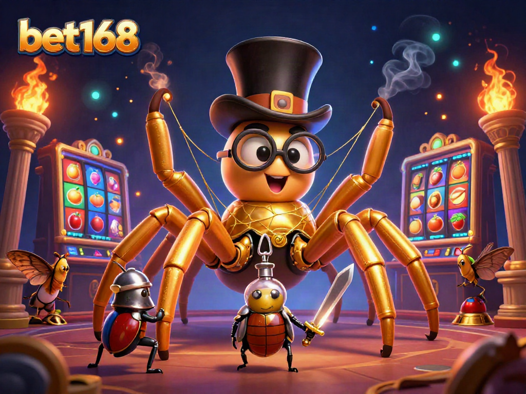 Experience the excitement of bet168 slots with a golden tarantula and beetle knight in a vibrant casino scene.