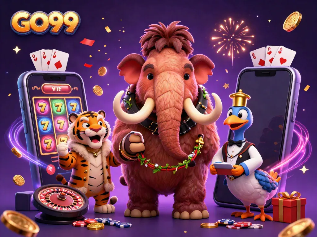 A vibrant GO99 casino scene featuring a woolly mammoth checking IDs, a saber-tooth tiger, and exciting slot game elements.