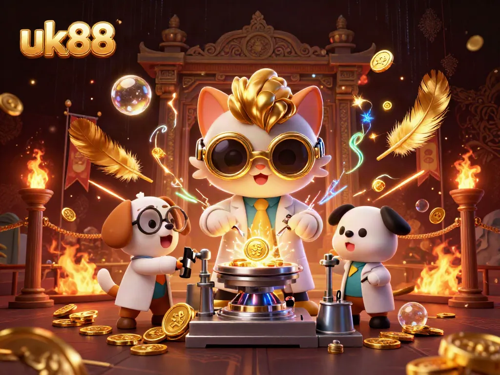Experience thrilling gaming moments with uk88, showcasing a mad scientist cat and dog in a dynamic, vibrant casino scene.