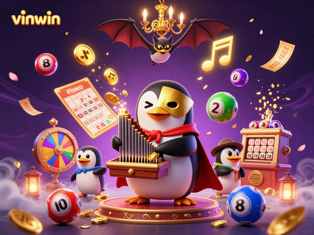 vinwin's exciting casino scene with a cartoon penguin playing and coins flying, showcasing vibrant gameplay elements.