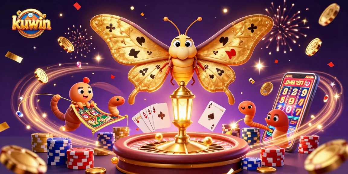 Kuwin's vibrant casino scene featuring an atlas moth, golden stacks, and festive elements.