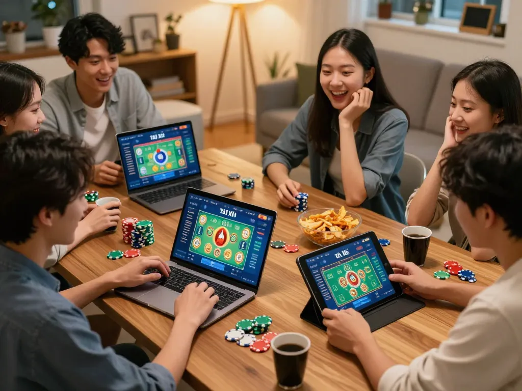 Engaging group playing app tài xỉu online uy tín at home with colorful chips and lively betting actions