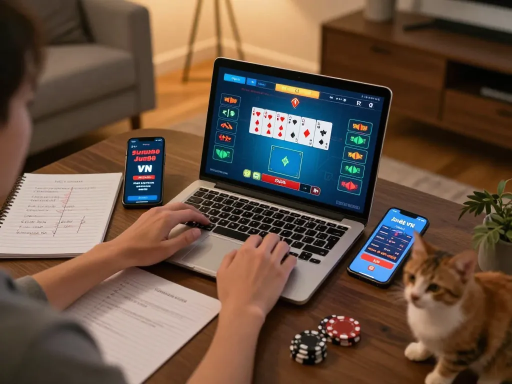 Engaging in online poker gameplay with Jun88 VN on a laptop and a casino app on a smartphone.
