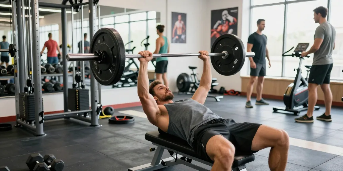 Prime Pharma Steroiden highlighted in a dynamic fitness scene with a man bench pressing weights in a modern gym, showcasing workout dedication.