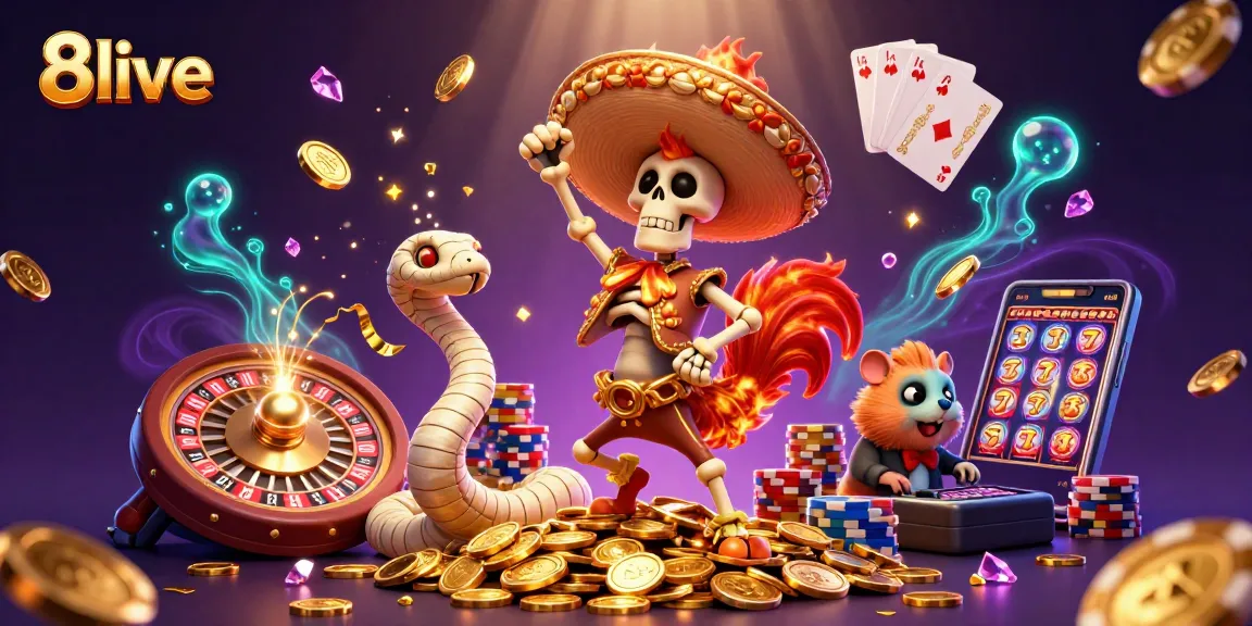 Experience the excitement of 8live with a jubilant skeleton mariachi rooster and vibrant casino elements.