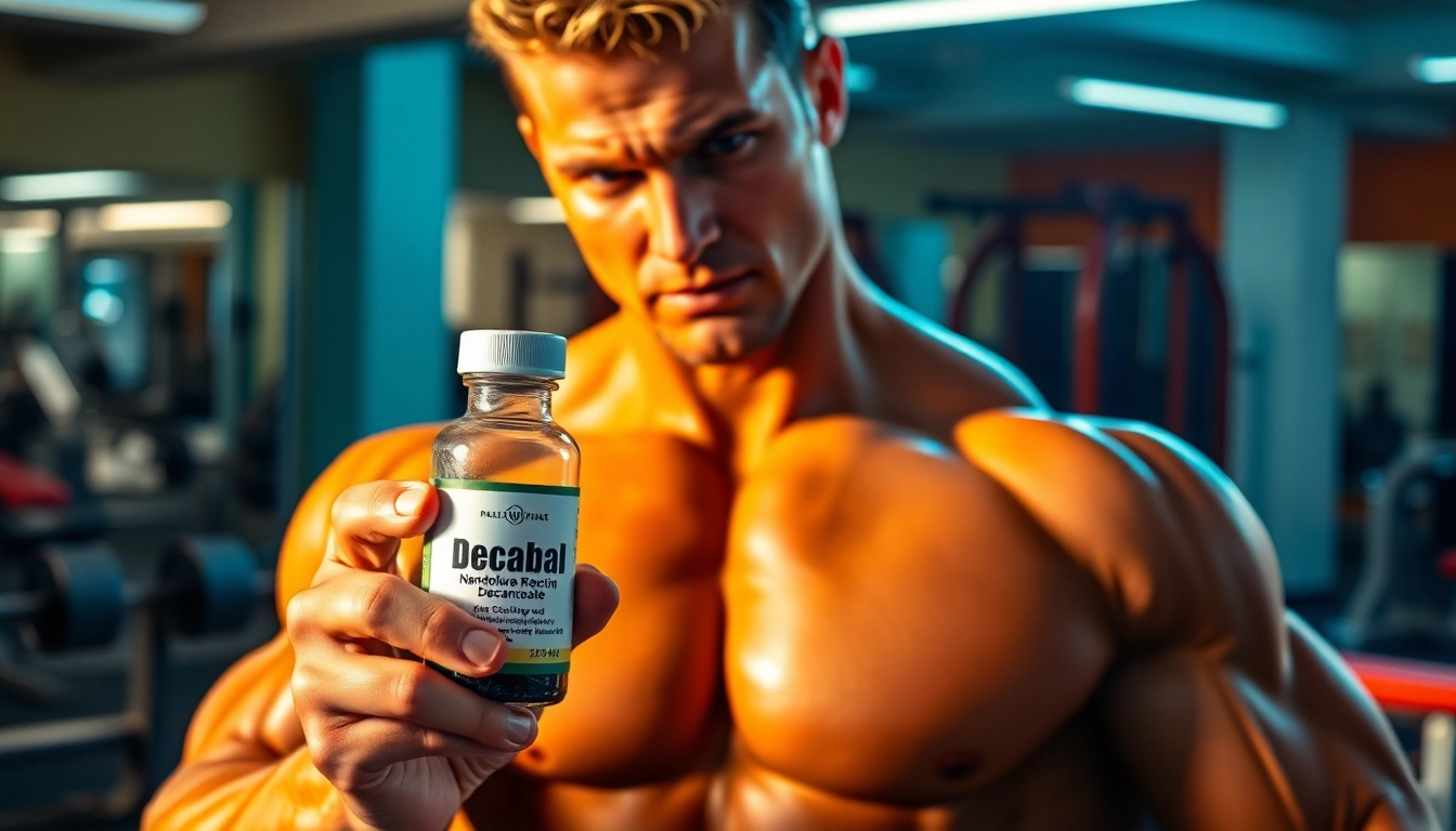Houdt een bodybuilder Decabal Nandrolone Decanoate vast in een sportieve omgeving.