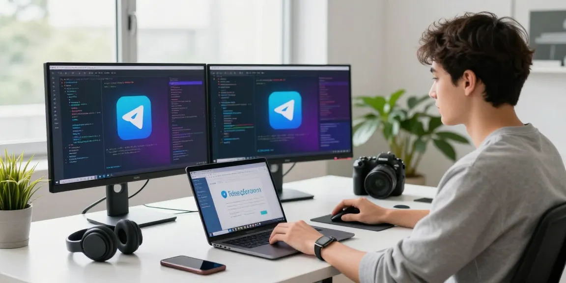 Download Telegram in a modern tech workspace with dual monitors and developer coding.
