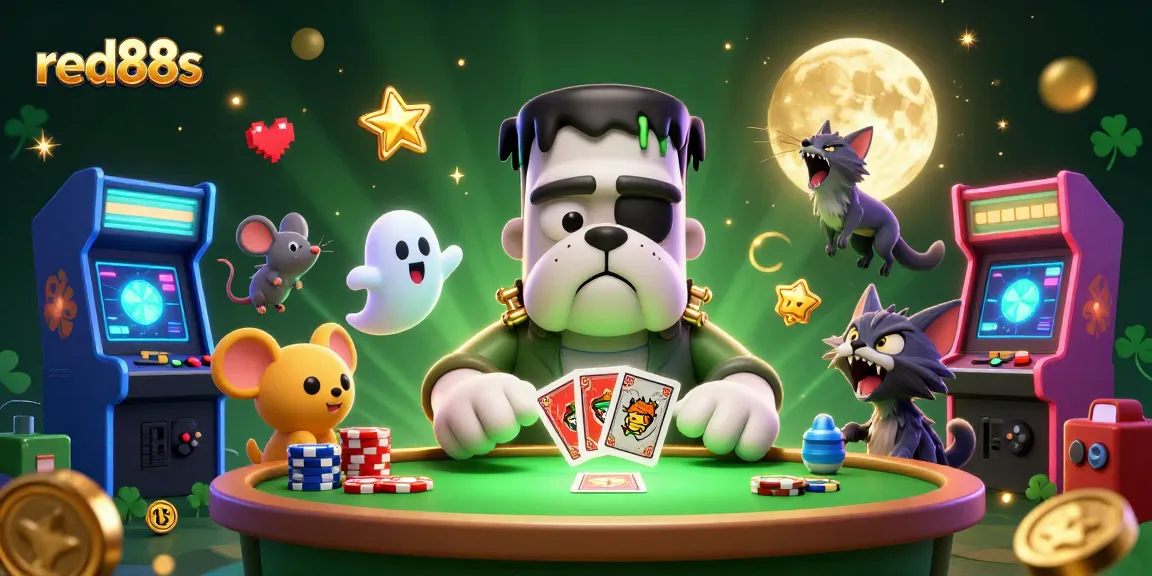 Experience thrilling gameplay at red88s casino with a spooky scene of a Frankenstein bulldog and ghost mouse.