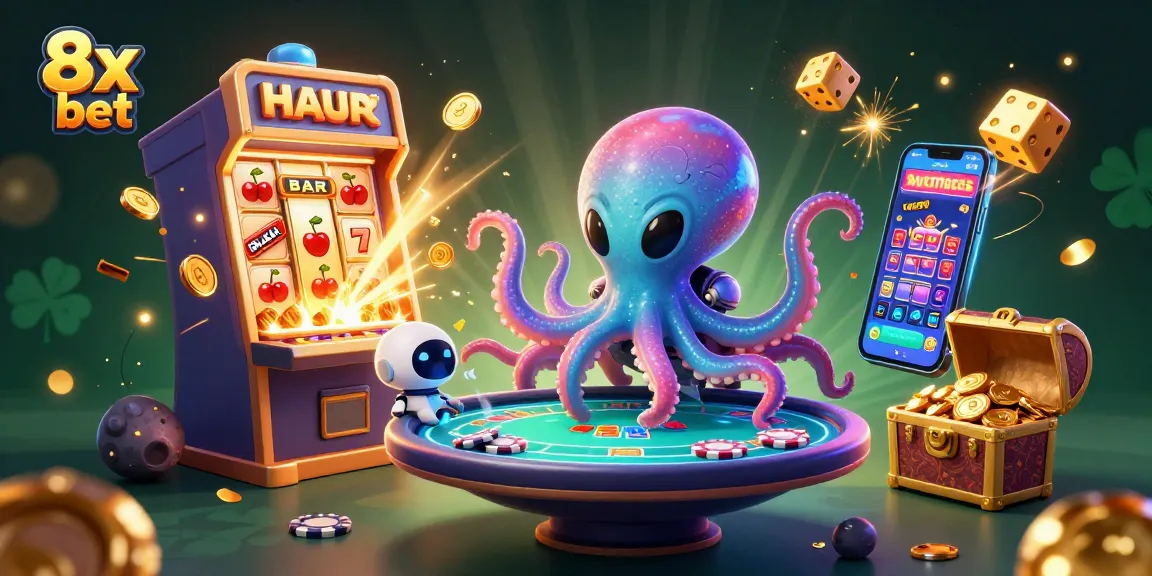 Engage in thrilling gameplay at 8x bet with a vibrant alien octopus operating a poker table.