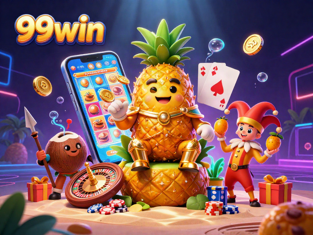 Experience the thrill of 99win with exciting characters and vibrant casino elements in this 3D scene.