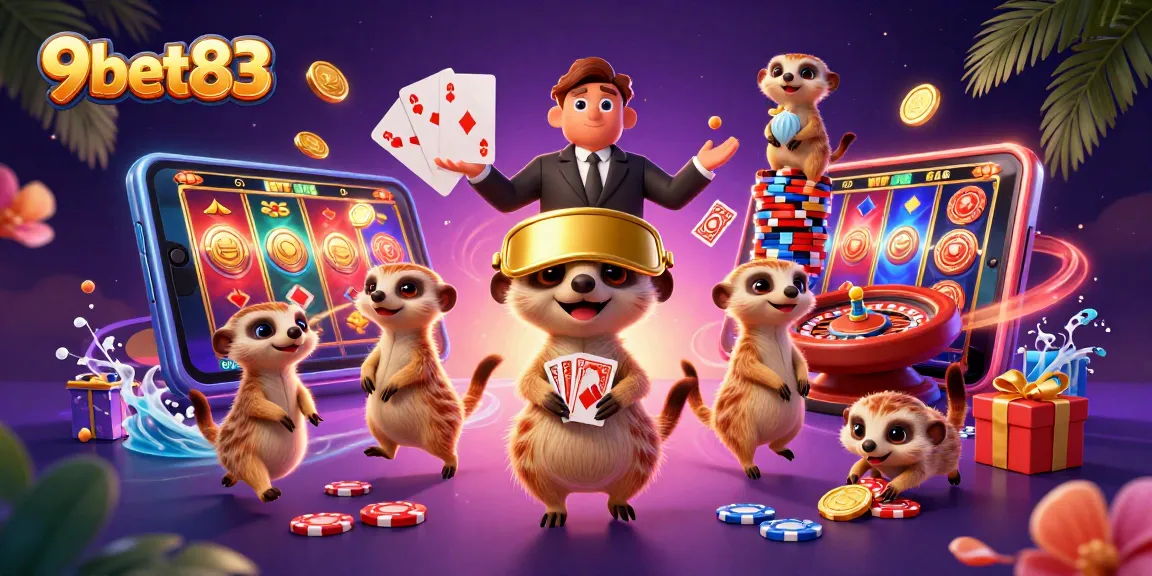 Experience winning thrills at 9bet83 with a vibrant casino scene featuring playful meerkats.