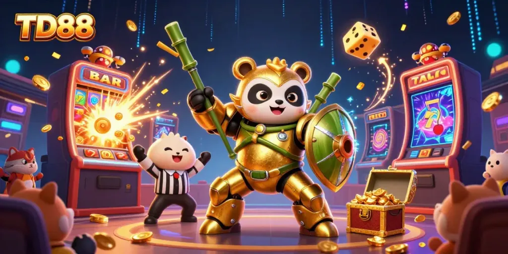 Experience thrilling TD88 gaming action with a golden panda in a dynamic casino arena.