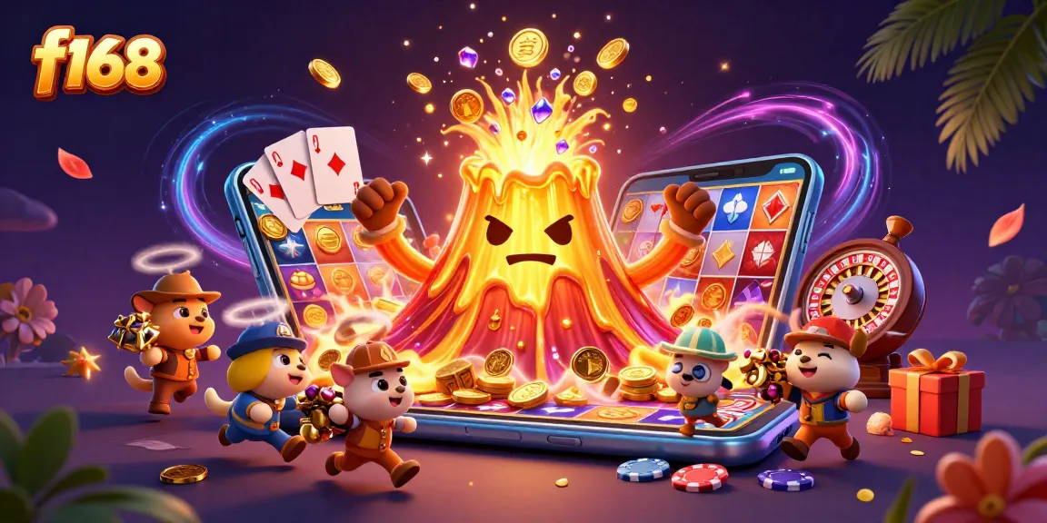 Win at f168 with a vibrant 3D casino scene featuring golden volcano and slot game excitement.
