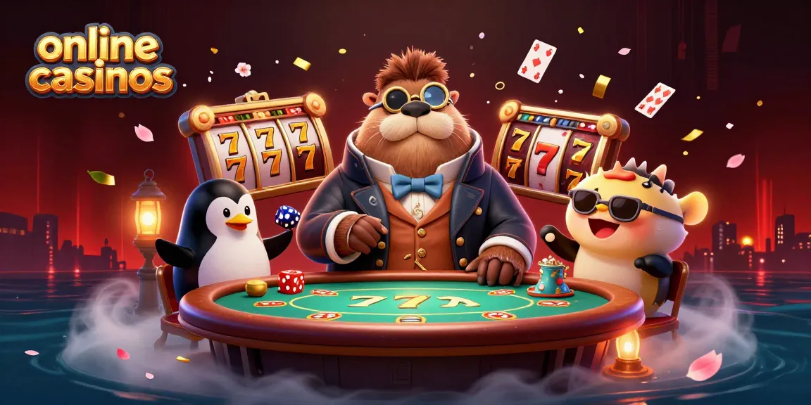 Engage with thrilling online casinos featuring a jolly walrus poker player and vibrant game elements.