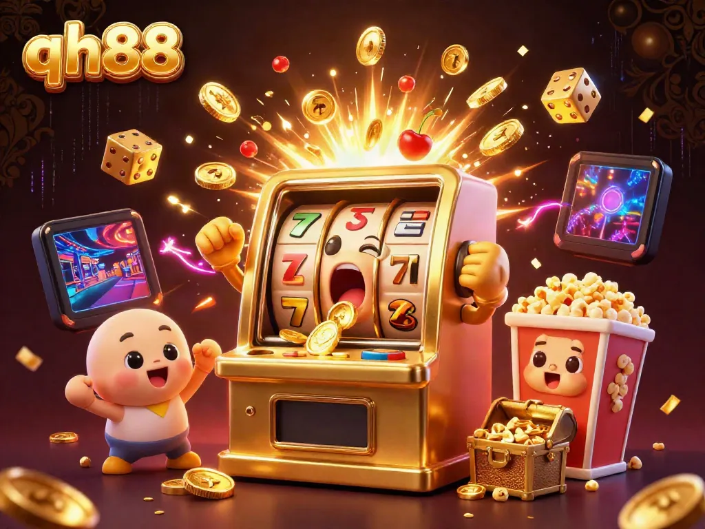 Experience the thrill of qh88 with a vibrant scene showcasing a golden slot machine hitting the jackpot, surrounded by cheering baby slot machines and festive elements.